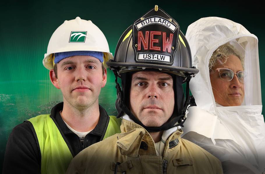 three people wearing bullard ppe including hard hat, fire helmet, and respiratory system